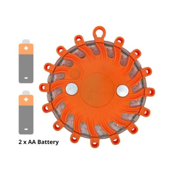 An orange LED road flare with loops, shown alongside an illustration indicating it needs two AA batteries.