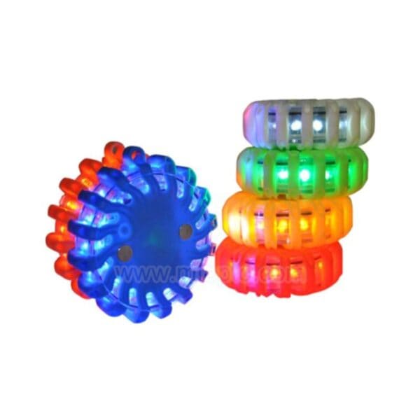 A stack of five colorful LED flashing discs in blue, red, green, orange, and white.
