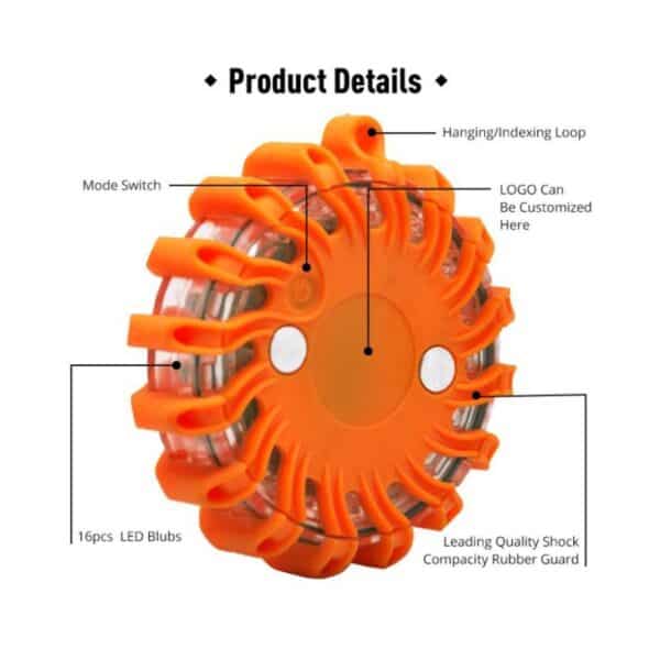 An orange circular emergency LED light with a hanging loop, mode switch, customizable logo area, 16 LEDs, and shock-absorbing rubber guard.
