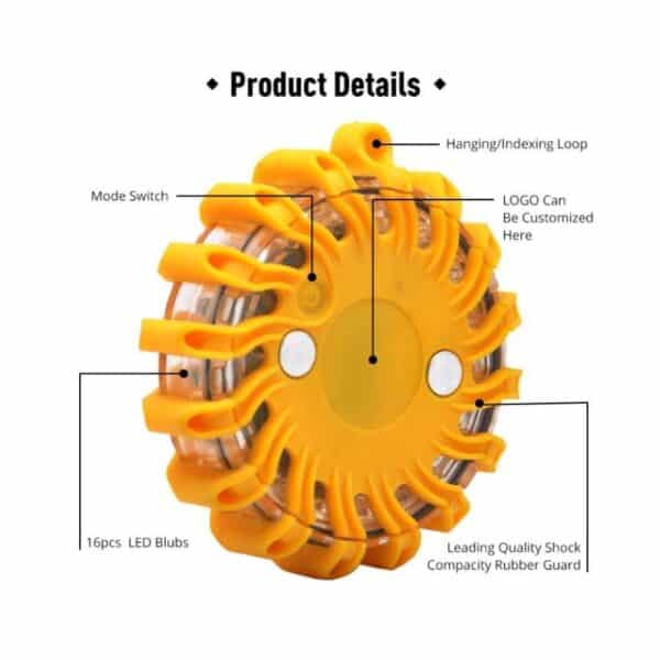 Yellow circular safety flare with LED bulbs, rubber guard, hanging loop, customizable logo area, and labeled "Mode Switch" and "Leading Quality.