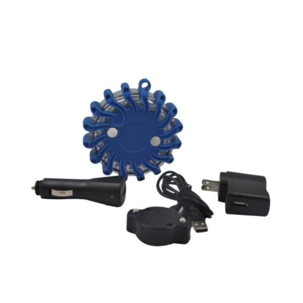 Blue LED road flare with black charger, car adapter, and USB cable on a plain white background.