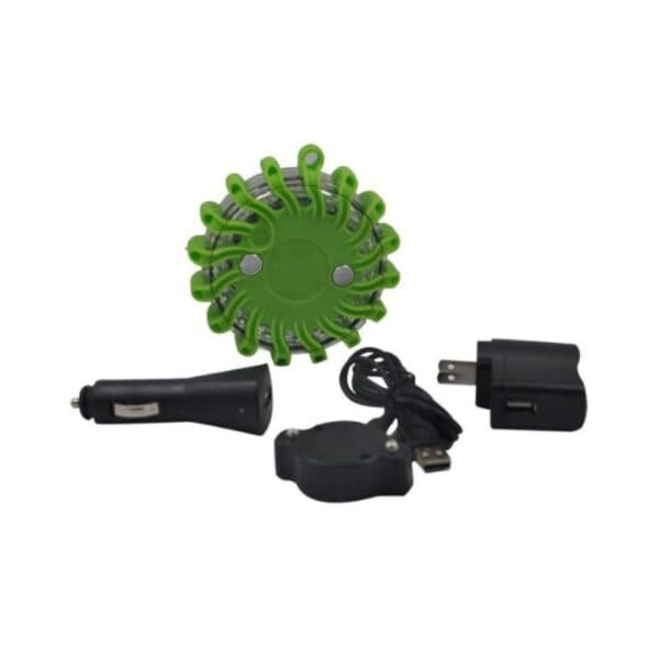 A green LED safety flare with car charger, USB cable, and wall adapter is displayed.