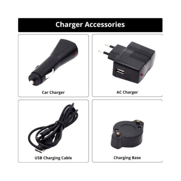 An image of four chargers: a car charger, dual USB AC charger, USB cable, and charging base.