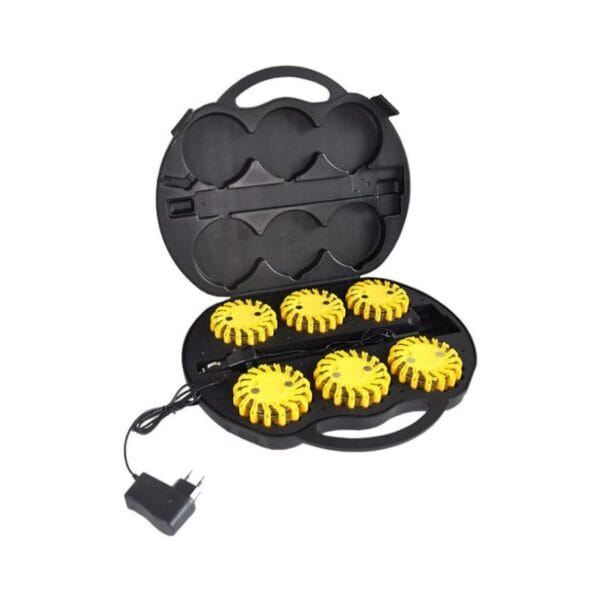 A black case with a handle holds six yellow LED road flares and a charging cord. The open case displays the contents.