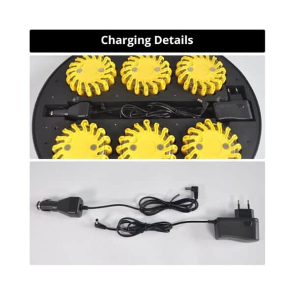 Image of a charging station with five yellow LED lights, cables, and adapters. Text: "Charging Details.