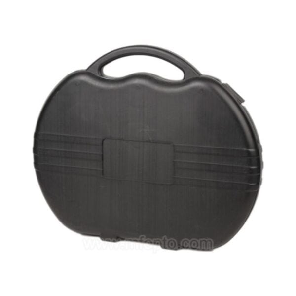 A black, oval plastic carrying case with a top handle.
