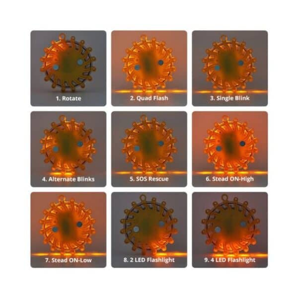 A 3x3 grid of an orange LED safety light shows 9 modes: Rotate, Quad Flash, Single Blink, Alternate Blinks, SOS Rescue, Steady High/Low, 2 or 4 LED Flashlights.
