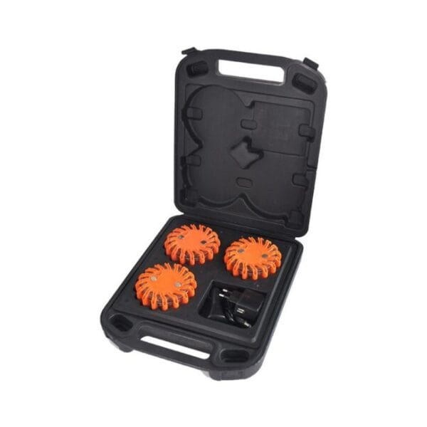 A black carrying case with three orange LED road flares and a black charger.