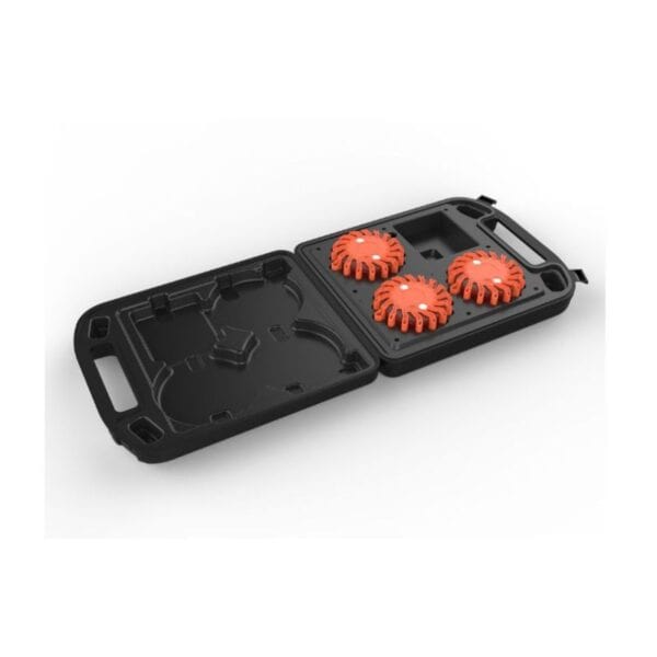 Black carrying case with three orange emergency LED flares.