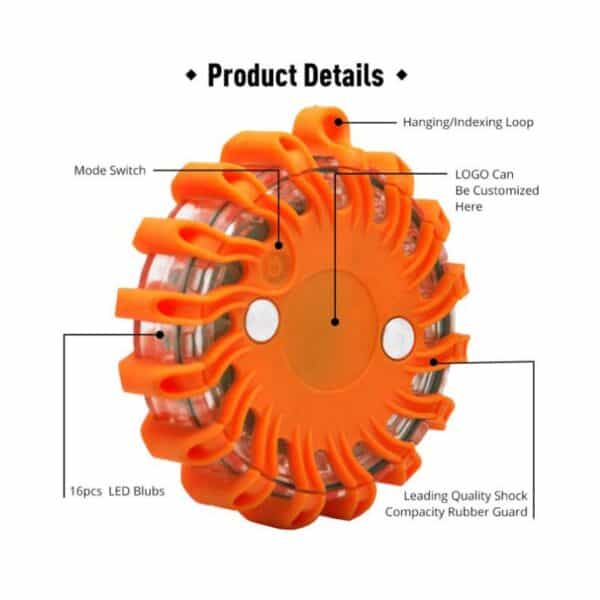 Orange emergency light with hanging loop, mode switch, customizable logo space, 16 LEDs, and a shock-resistant rubber guard.
