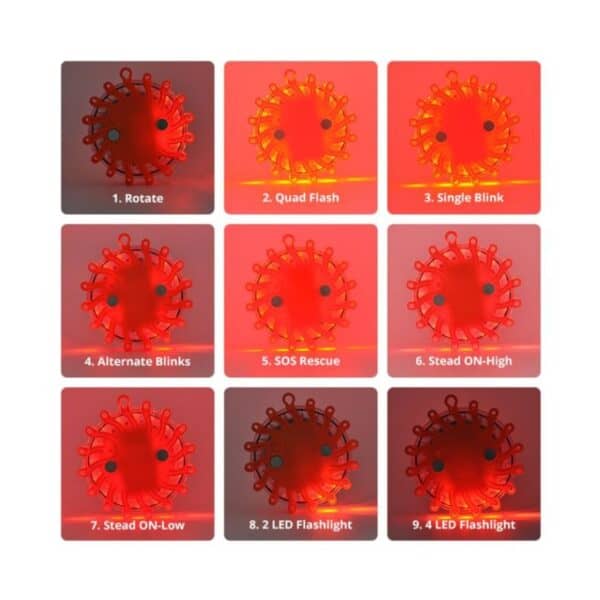A grid of nine images displays a red LED safety flare with various lighting patterns: rotate, quad flash, blink, SOS, steady high/low, and flashlight.