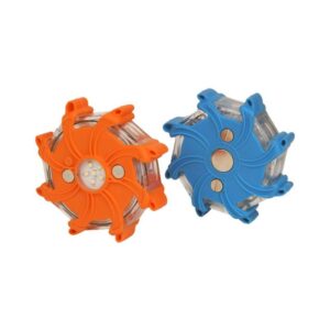 A pair of LED safety lights, orange and blue, each with multiple light modes and magnetic backings for various surfaces.