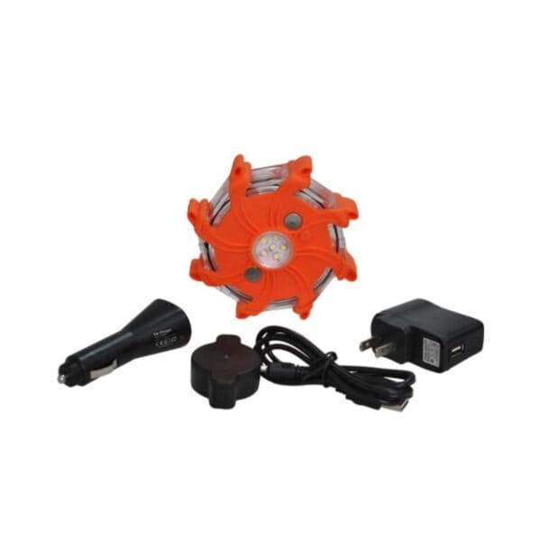 Orange road flare with USB charger, car adapter, and cable on a white background.