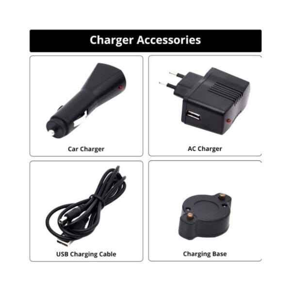 Image of charger accessories: car charger, dual USB AC charger, USB cable, and charging base.