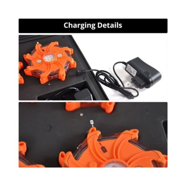 Image with orange safety lights and a charger with black cord, labeled "Charging Details.