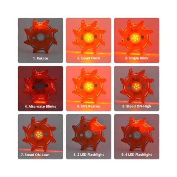 Nine panels displaying emergency flare modes: Rotate, Quad Flash, Single Blink, Alternate Blinks, SOS Rescue, Steady ON-High/Low, 2/4 LED Flashlight.
