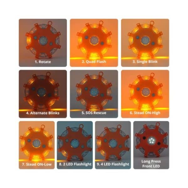 Image of nine emergency LED flare modes: Rotate, Quad Flash, Single Blink, Alternate Blinks, SOS Rescue, Steady High/Low ON, 2-LED and 4-LED Flashlight.
