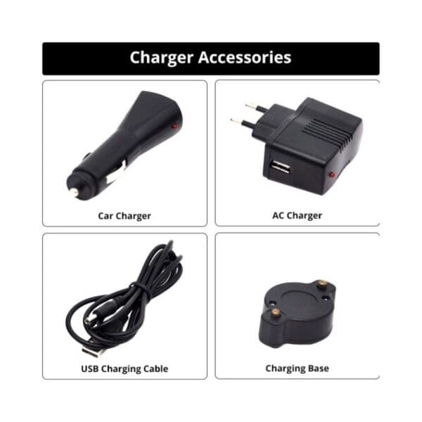 Image showing four charger accessories: car charger, AC charger, USB cable, and charging base.