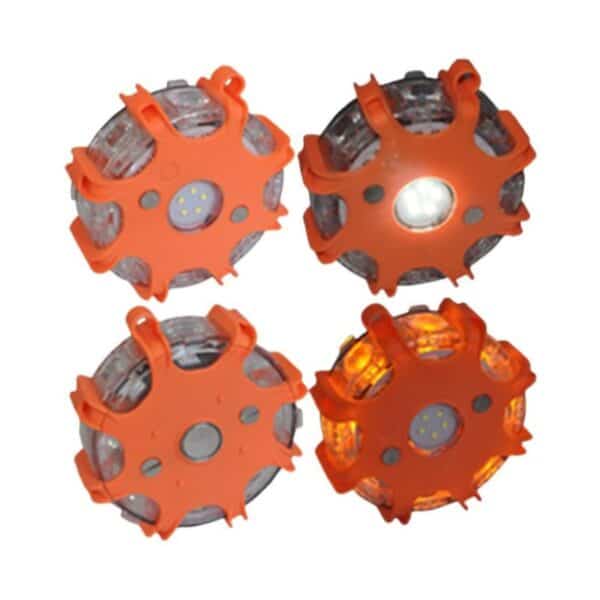 Four orange LED emergency road flares arranged in a square.