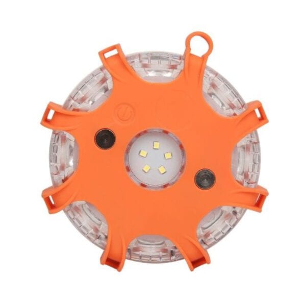 Round orange LED safety flare with multiple lights and a hanging hook.