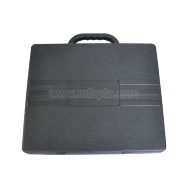 A black plastic briefcase with a handle on a white background.