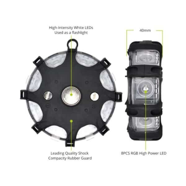 High-intensity white LED flashlight with shock-absorbing black rubber guard and 40mm BPCS RGB high-power LEDs. Front and side view shown.