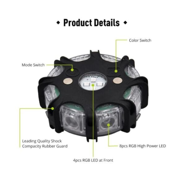 Image of a round LED light device with labeled parts: color and mode switches, shock-resistant rubber guard, 4 front RGB LEDs, and 8 high-power RGB LEDs.