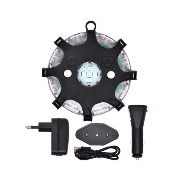 Circular LED light with six black extensions, charger, bracket, and power cord laid out on a white surface.