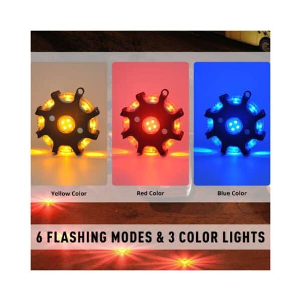 Image with yellow, red, and blue LED lights. Text: "6 Flashing Modes & 3 Color Lights.