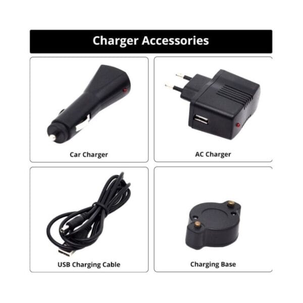 A 4-piece charger set: car charger, AC charger, USB cable, and base, each displayed in separate image sections.