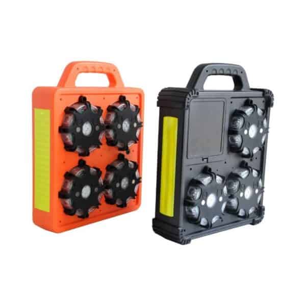 Two portable LED safety flares, one orange, one black, with handles and four front lights, for emergency roadside use.