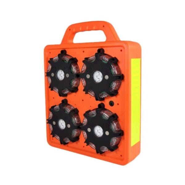 An orange case with a handle holds four black round items, each with multiple white lights, likely portable emergency lights.