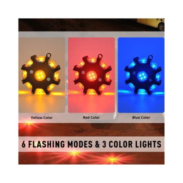 Three LED safety flares in yellow, red, and blue. Text: "6 Flashing Modes & 3 Colors.