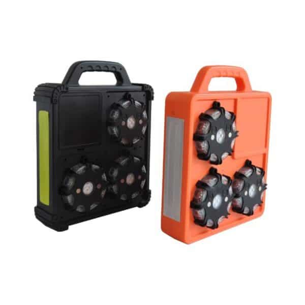 Two portable cases, one black and one orange, each with four black LED emergency lights. Both cases have handles for easy carrying.