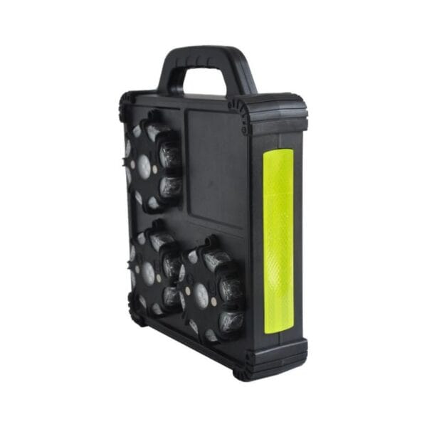 A black portable device with a handle, multiple gears, and a large yellow reflective strip on its side.