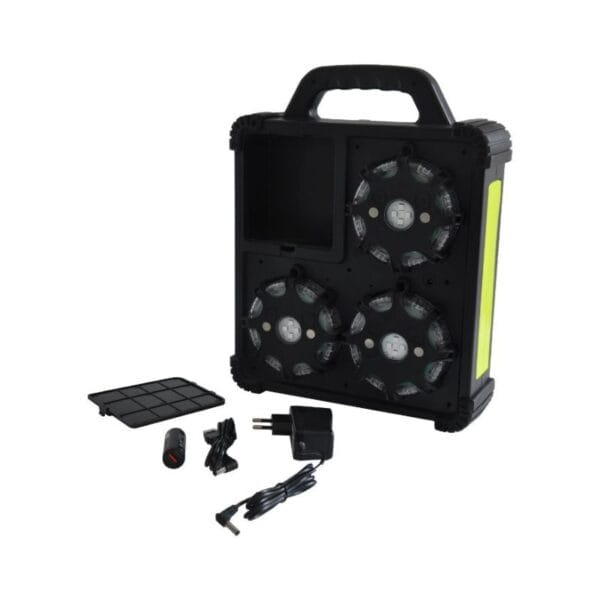 A portable power station with cooling fans, handle, vent cover, car adapter, power adapter, and cables.