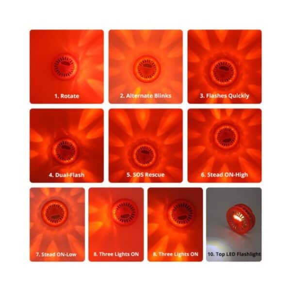 Image of 10 red LED patterns: Rotate, Alt Blinks, Quick Flash, Dual Flash, SOS, Steady High/Low, Three Lights On/Rotate, Top LED Flashlight.