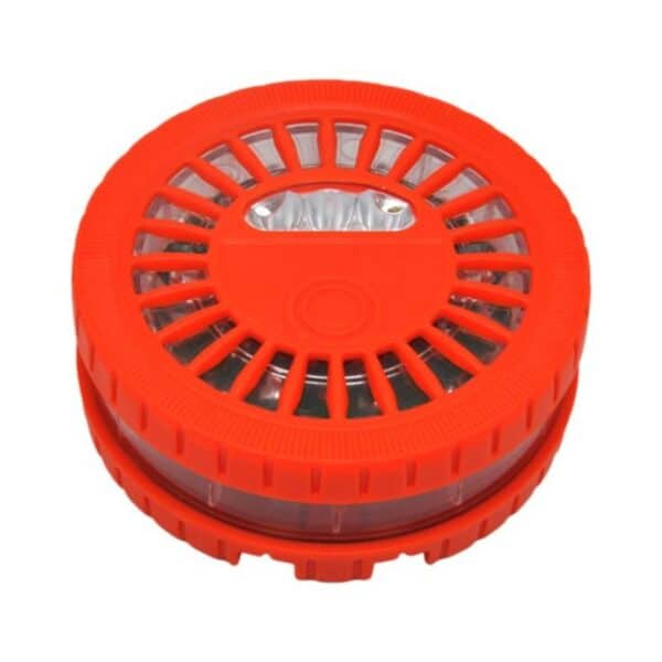 A round red LED emergency flare with vents and a central light.