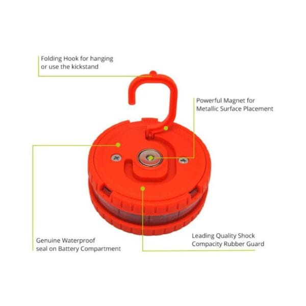 Red circular light with folding hook, magnet, waterproof battery seal, and shock-absorbing rubber guard.