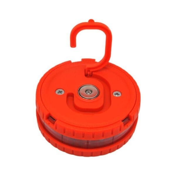 Red magnetic base with hook for hanging or securing objects.