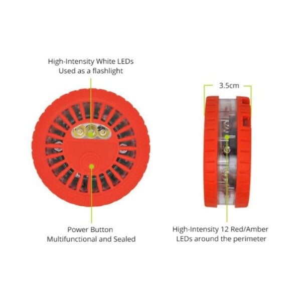 Red circular emergency LED flare. Front: 3 white LEDs, sealed button. Side: 12 red/amber LEDs around the 3.5cm perimeter.
