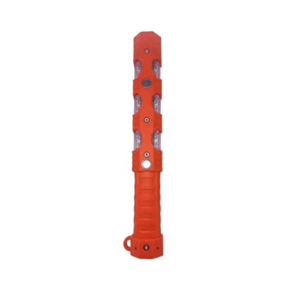 A bright orange handheld emergency light with a textured grip and multiple LEDs.