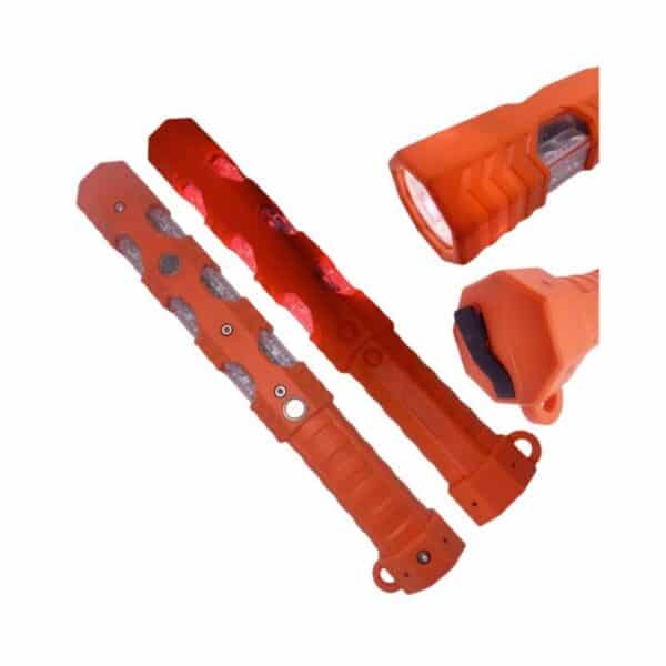 Orange multi-functional safety tool with flashlight, hammer, and emergency lights.