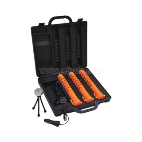 A black case with 4 orange batons, a small tripod, a handheld device, and an electrical cable.