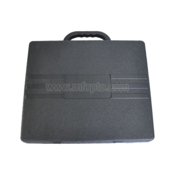 A closed black plastic briefcase with a handle and subtle horizontal indentations.