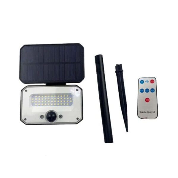 Solar-powered outdoor light set with solar panel, LED light, mounting stake, pole, and remote control.