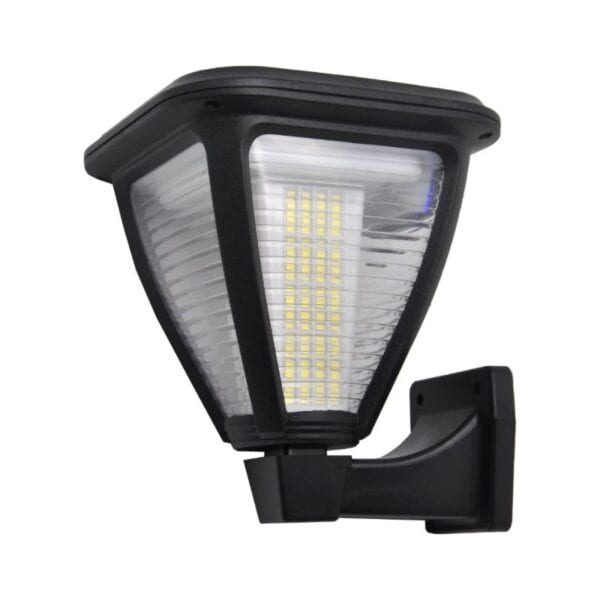A black wall-mounted outdoor light with a transparent ribbed cover revealing LED lights.