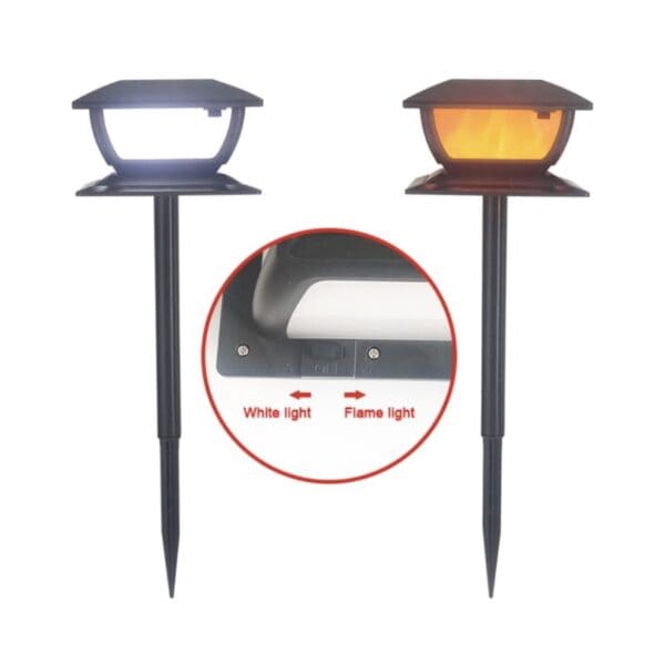 Two solar-powered stake lights: one emits white light, the other flame light. Switch allows toggling between "White light" and "Flame light.
