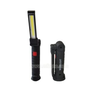 Two black handheld work lights with red buttons: one extended upright, the other folded.