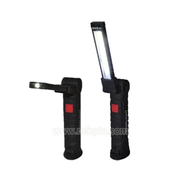 Two black handheld LED work lights with adjustable heads and red buttons. One head is extended, the other is horizontal.